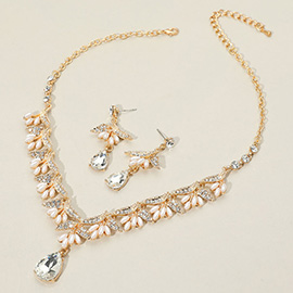Teardrop Stone Cluster Pointed Pearl Embellished Evening Necklace