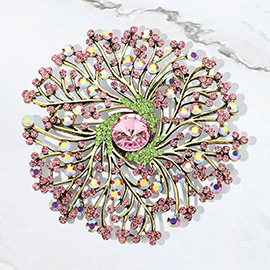 Round Stone Centered Rhinestone Embellished Branch Flower Pin Brooch