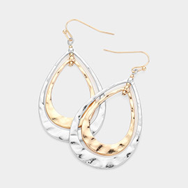 Hammered Metal Double Layered Teardrop Dangle Earrings