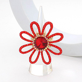 Round Stone Pointed Rhinestone Paved Flower Stretch Ring