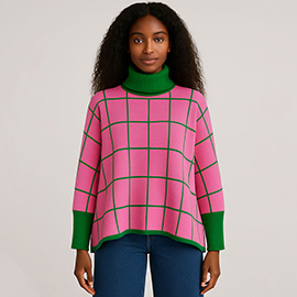 Grid Pattern Knit Turtleneck Poncho
