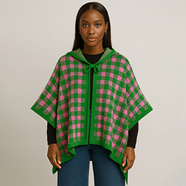 Hooded Checkered Pattern Knit Cape Poncho