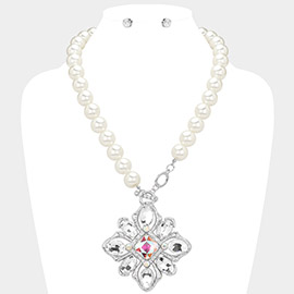 Square Stone Pointed Oval Glass Stone Embellished Pendant Evening Toggle Pearl Necklace