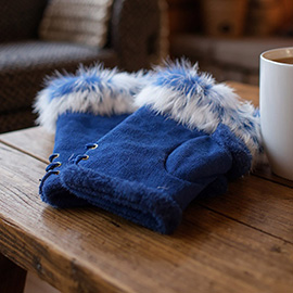 Two Toned Real Fur Trim Fingerless Gloves