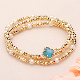 3PCS - Quatrefoil Pointed Pearl Metal Ball Beaded Stretch Multi Layered Bracelets