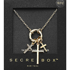 SECRET BOX_14K Gold Dipped Interchangeable Stone Paved Metal Triple Cross Pendant Necklace