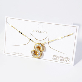 -S- Gold Dipped CZ Stone Paved Initial Monogram Pendant Necklace