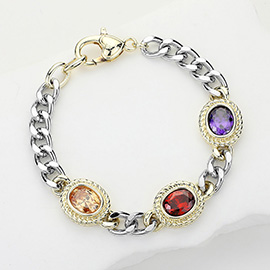14K Gold Plated Two Tone Colored Oval CZ Stone Cluster Link Accented Chain Bracelet
