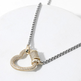 14K Gold Plated Two Tone CZ Stone Paved Heart Carabiner Pendant Necklace