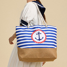 Anchor Printed Striped Rope Handle Beach Tote Bag