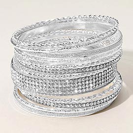 12PCS - Rhinestone Paved Glittered Twisted Textured Metal Bangle Stackable Multi Layered Bracelets