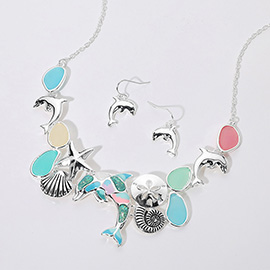 Sea Glass Dolphin Metal Seashell Sand Dollar Starfish Embellished Necklace