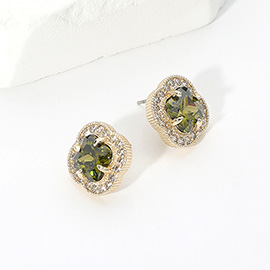 14K Gold Plated CZ Quatrefoil Stone Stud Earrings