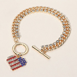 Stone Paved American USA Flag Charm Chunky Chain Toggle Bracelet