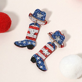 Glittered American USA Flag Western Hat Boot Dangle Earrings