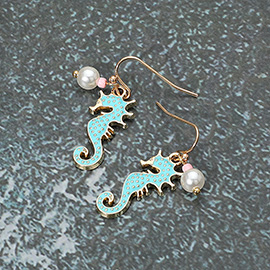 Enamel Seahorse Pearl Dangle Earrings