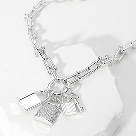 14K Gold Plated CZ Stone Paved Triple Lock Pendant Hardware Chain Necklace