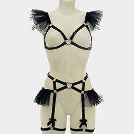 Metal Open Heart Hardware, Mesh Ruffle Bow Detail Flirty Lingerie Harness Set