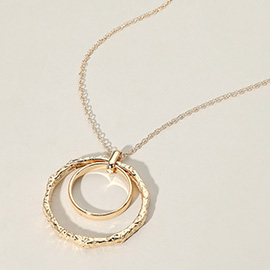 Textured Metal Double O Ring Pendant Long Necklace