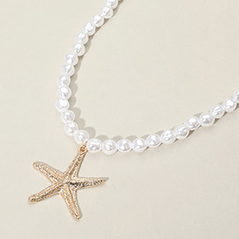 Textured Metal Starfish Pendant Pearl Necklace