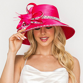 Rhinestone Rim Embellished Flower Bow Pointed Dressy Hat