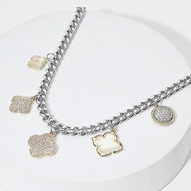 14K Gold Plated CZ Stone Paved Mother of Pearl Quatrefoil Charm Station Necklace