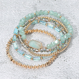 5PCS - Stone Charm Pointed Metal Ball Faceted Beaded Stretch Multi Layered Bracelets