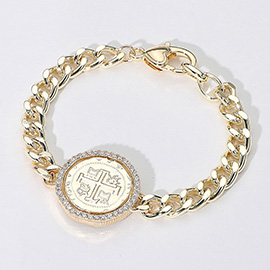 14K Gold Plated CZ Stone Paved Rim Medal Pointed Chain Bracelet