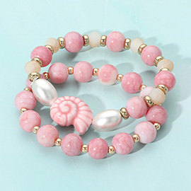 2PCS - Ceramic Snail Conch Shell Pearl Natural Stone Beaded Stretch Multi Layered Bracelets