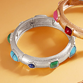 Natural Stone Pointed Brushed Metal Stretch Bracelet