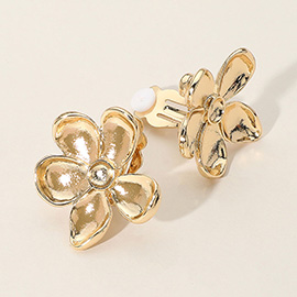 Brushed Metal Flower Clip On Earrings
