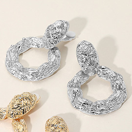Textured Metal Circle Dangle Clip On Earrings