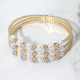 Pearl Stone Bezel Point Rhinestone Paved Split Adjustable Evening Bracelet