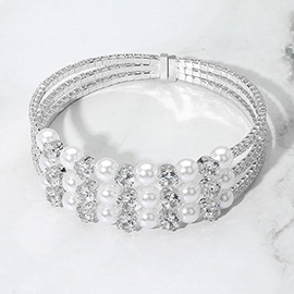 Pearl Stone Bezel Point Rhinestone Paved Split Adjustable Evening Bracelet