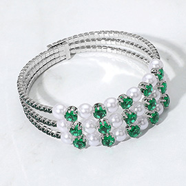 Pearl Stone Bezel Point Rhinestone Paved Split Adjustable Evening Bracelet