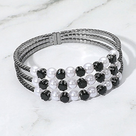 Pearl Stone Bezel Point Rhinestone Paved Split Adjustable Evening Bracelet