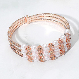 Pearl Stone Bezel Point Rhinestone Paved Split Adjustable Evening Bracelet