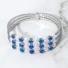 Pearl Stone Bezel Point Rhinestone Paved Split Adjustable Evening Bracelet