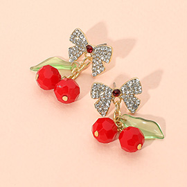 Stone Paved Bow Cherry Dangle Earrings