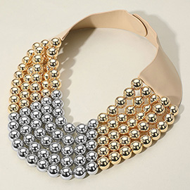 Chunky Two Tone Metal Ball Beaded Multi Layered Faux Leather Magnetic Necklace