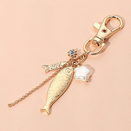 Pearl Crystal Ball Accent Metal Fish Charm Keychain / Bag Charm