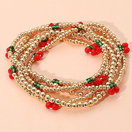 6PCS - Cherry Charm Beaded Stretch Multi Layered Bracelets