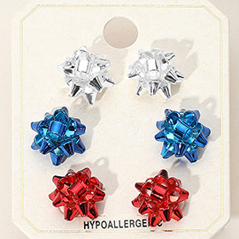 3Pairs - American USA Metal Mini Gift Bow Stud Earring Set
