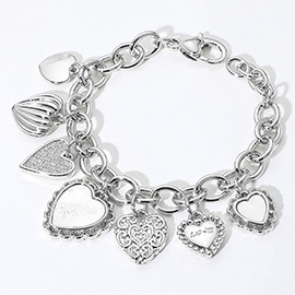 14K Gold Plated CZ Stone Paved Mother of Pearl Heart Charm Station Bracelet