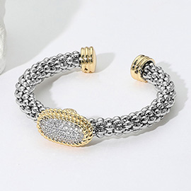14K Gold Plated Two Tone CZ Stone Paved Oval Accent Cuff Bracelet