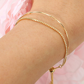 18K Gold Dipped Rhinestone Ball Chain Layered Adjustable Cinch Pull Tie Bracelet