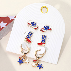 3Pairs - American USA Flag Enamel Western Hat Boot Stud Star Charm Dangle Mini Huggie Hoop Earring Set