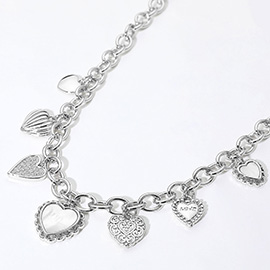 14K Gold Plated CZ Stone Paved Mother of Pearl Heart Charm Station Necklace