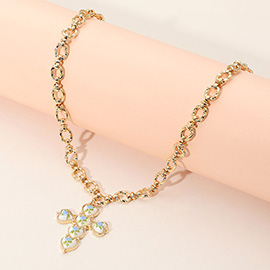 Heart Floral Ceramic Bezel Cross Pendant Necklace