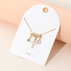 Enamel Cross Stone Paved Open Quatrefoil Stone Bezel Charm Beaded Necklace